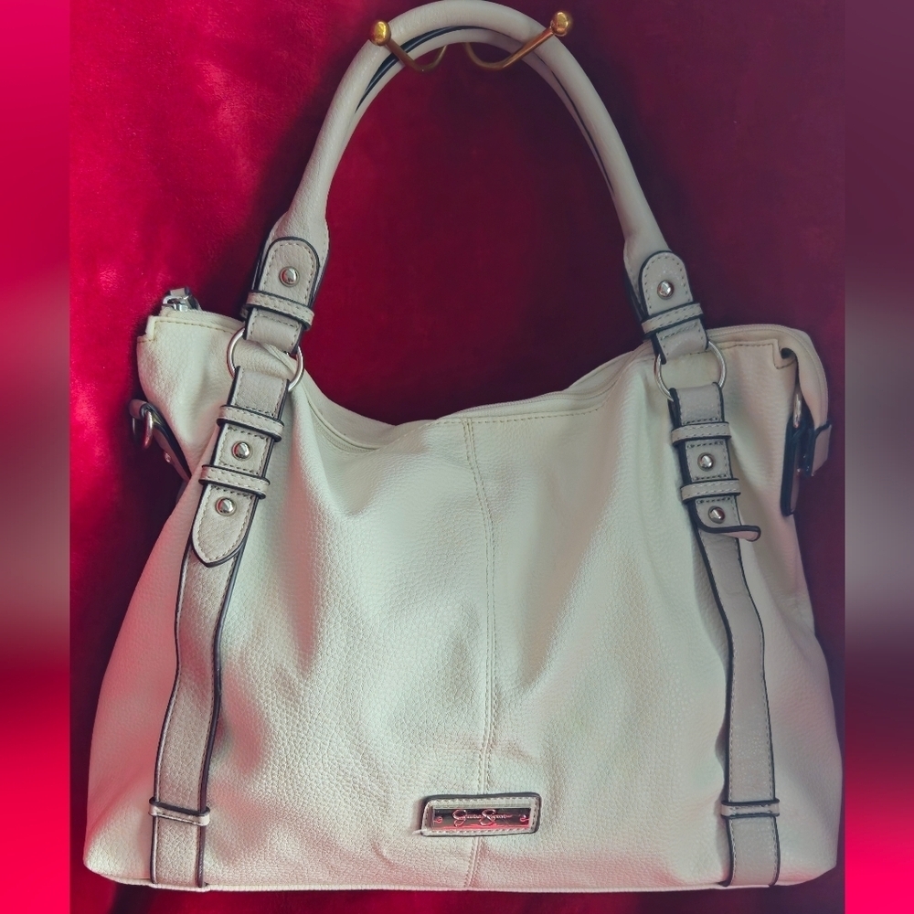 Jessica Simpson Cream w/Gray Trim Shoulder Bag w/Silver Hardware